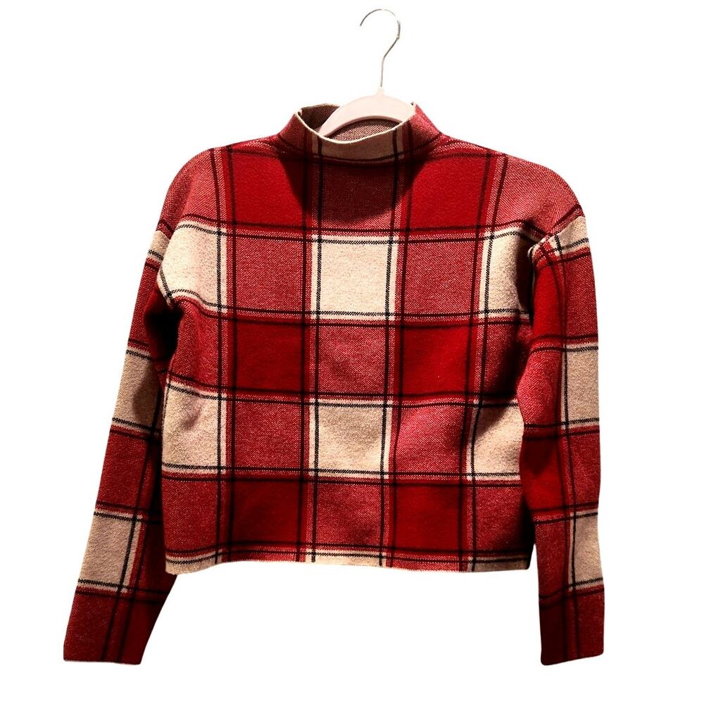 Tahari XS Red Pink Plaid Mock Neck Long Sleeve Cropped Sweater